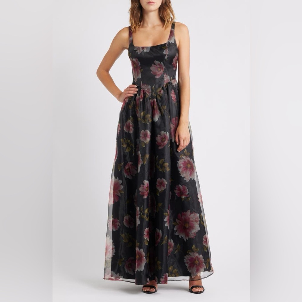 Lulu's Black Maxi Dress with Pink Floral Print